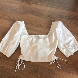 Abercrombie & Fitch White Crop Puff Sleeve Blouse with Smocked Tie Sides